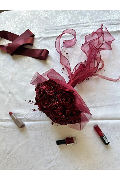 Çiçek Atölyesi 17’li Bordo Saten Gül Gelin Buketi – El Yapımı Düğün Nişan Söz...