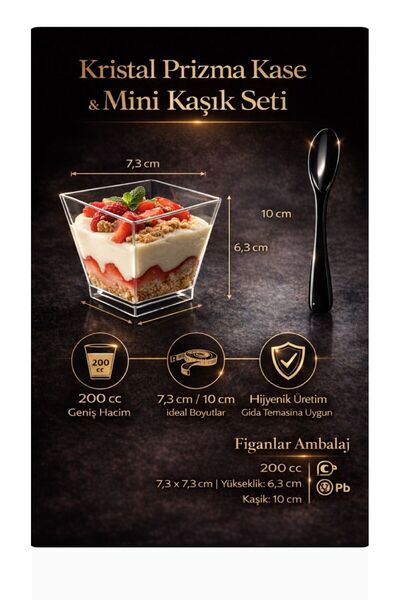 figanlar ambalaj Kristal Prizma Tatlı Kasesi 200 cc + Mini Kokteyl Kaşığı Set...