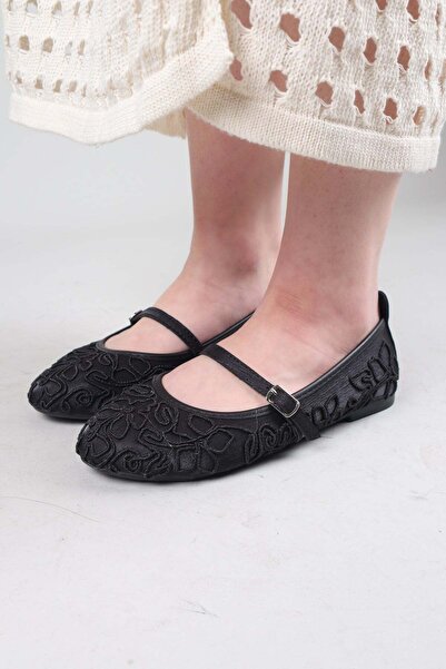 Birikon CURİ Balerini din satin cu model de ață, negri