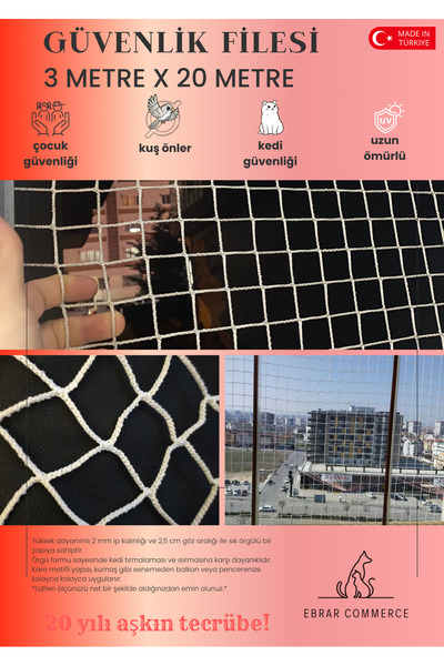 ebrarcommerce Balkon Filesi 3mx 20 Metre Kalın Ve Sık Dokunmuş Kedi Çocuk Filesi