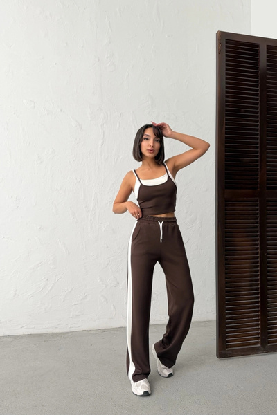 Lusin Γυναικείο καφέ παντελόνι με ψηλή μέση, ελαστική μέση, φαρδιά μπατζάκια,...