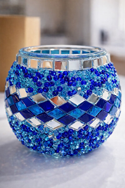 ARUZEN Mavi Cam Mozaik Mumluk Dekoratif Tealight Mumluk Ev Dekor Hediye