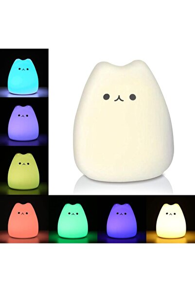 LİNALP Little Cat Silicone Light Şarjlı Kedi Gece Lambası RGB Dokunmatik Çocu...