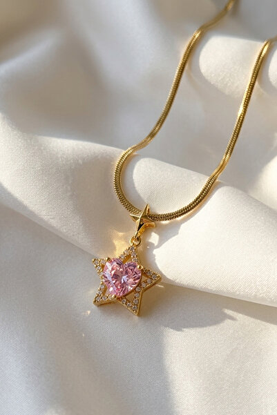 Elifsu Jewelry Zirkon Taşlı Yıldız Stargirl Kalp Detaylı Çelik Kolye Altın Re...