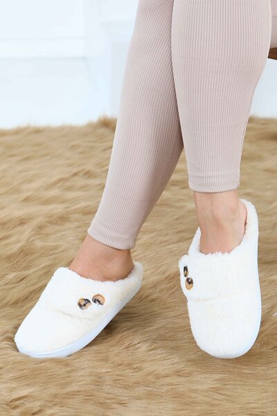 TOFİSA Γυναικείες λευκές παντόφλες σπιτιού με κουμπιά - 27777-ΛΕΥΚΟ