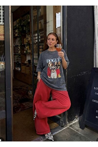 LOKADI Dogue Printed Vintage Anthracite Oversize T-Shirt - Unisex Cotton T-Sh...