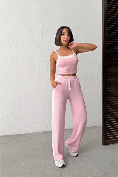 Lusin Women's Pink Crop Athlete Top High Waist Elastic Waist Wide Leg Pants B...