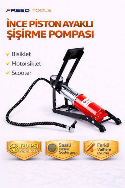 FREED TOOLS Göstergeli Pompa Basınç Göstergeli Ayak Pompası Araç Lastik Top B...