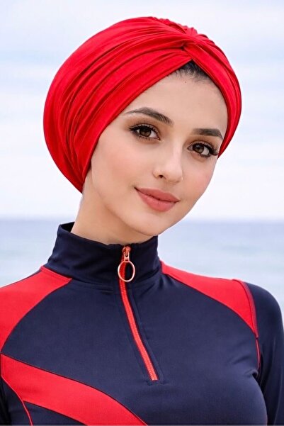 Aişe tesettür Κόκκινο Μοντέλο Red Twist Ready Sea - Καπέλο Πισίνας