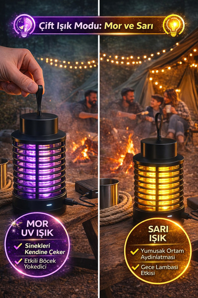 MEDUSHOP Şarjlı UV Sivrisinek Öldürücü Lamba Mor & Sarı Işık Sessiz Böcek Tuz...