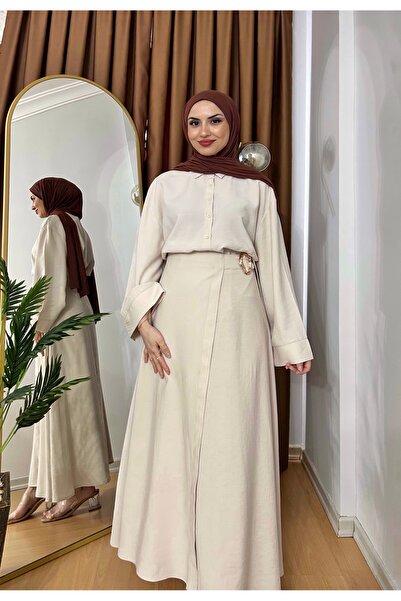 Ay Fashion Official Kadın Eteği Tokalı Tesettür Takım Bej