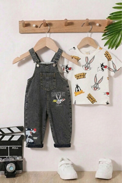 Mişsa Bebe Baskılı Çocuk Kot Salopet Trend 2 Parça Kombin 3-6 Yaş