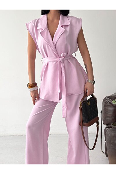 LAVRE Women's Linen Double-Breasted Collar Belted Vest and Trousers Set, Comf...