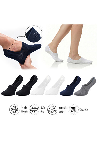 Pure Bamboo Women's Flat Socks Black-White-Navy Blue-Grey Melange Seamless Invisible Anti-Slip Heel Silicone Premium 6-Pack Softaura