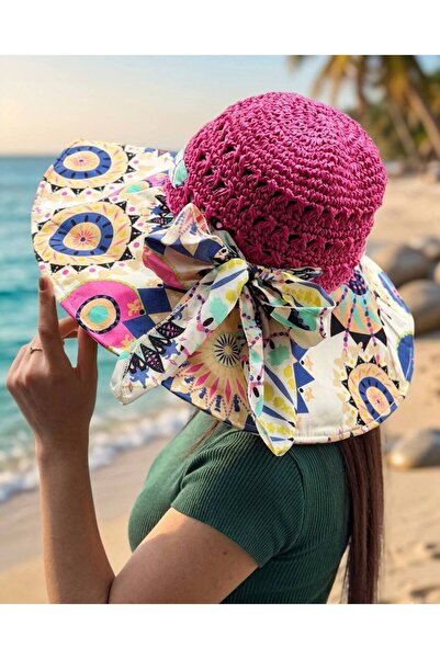 MD Moda Accessories قبعة صيفية متعددة الألوان بنمط عرقي وتفاصيل من القش باللو...