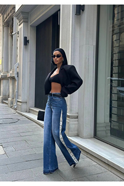 FreeBlue Tasarım Yanları Dantel Detaylı Wide Leg Jean Kot Pantalon