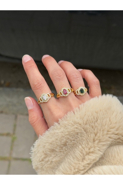 kems jewels Renkli Taşlı Altın Kaplama Vintage Çelik Yüzük