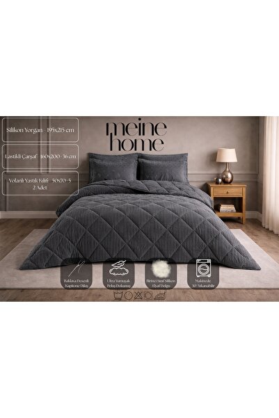 Meine Home Gri Welsoft Kumaş Çift Taraflı Silikon Yorgan Takmı - 195x215 cm 4...