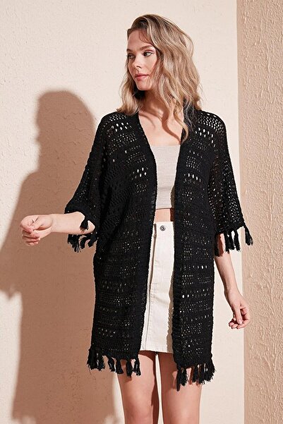 VARENZEA Women's Black Tasseled Openwork Hollow Out Loose Knitwear Cardigan &...