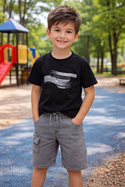 Yalçınoğlu Kids Σετ τζιν σορτς για αγόρια, Μπλουζάκι από χτενισμένο βαμβάκι, ...