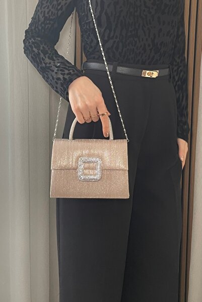Fibag حقيبة سهرة نسائية ذهبية لامعة - حقيبة يد وكتف بحزام سلسلة