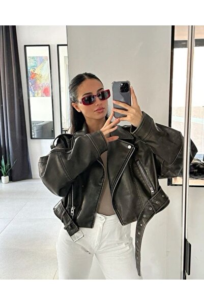 Ekim Store Δερμάτινο μπουφάν σε χακί χρώμα με ζώνη, oversized και cropped