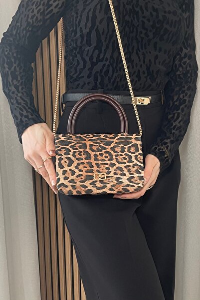 Fibag Women's Leopard Gold Chain Strap Hand and Shoulder Bag