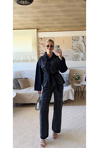 ensade Πέτρινο Λεπτομερές Τζιν Σετ Γυναικείο Τζιν Μπουφάν και Παντελόνι Σετ 2...