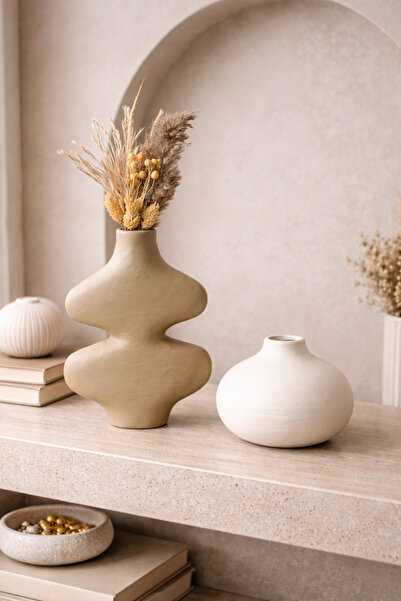 Ruuf Design Dekoratif Iskandinav Krem Bej Seramik İkili Nordic Vazo Set