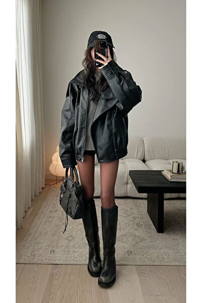 Ekim Store Black Stand Collar Patterned Leather Jacket