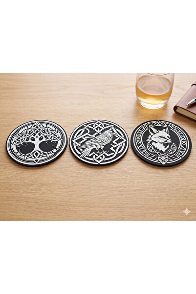 3D Layshop Set of 3: Nordic Mythology Coasters Black and White Celtic Knot Ep...