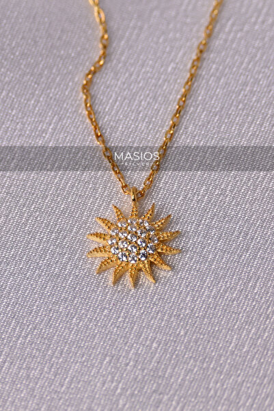 Masios Silver Zirkon Taşlı Gold Renk Işıltılı Güneş Model 925 Ayar Gümüş Kolye