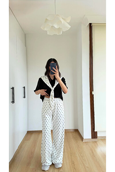 khar Μαύρο Σετ Δύο Τεμαχίων με Λεπτομέρεια Σάλι από Ύφασμα Μοντάλ με Πουά