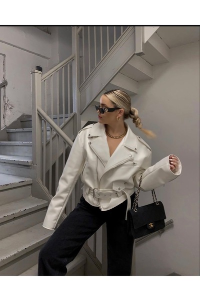 Ekim Store Εκρού Δερμάτινο Μπουφάν με Ζώνη, Oversize, Cropped