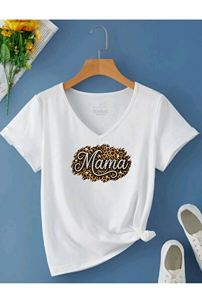 SUNFREE Leopard Mama Printed V-Neck Regular Short Sleeve Women's Tshirt
