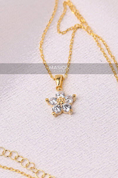Masios Silver Zirkon Taşlı Gold Renk Manolya Model 925 Ayar Gümüş Kolye