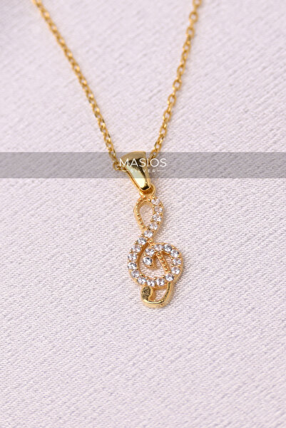 Masios Silver Zirkon Taşlı Gold Renk Sol Anahtarı Model 925 Ayar Gümüş Kolye
