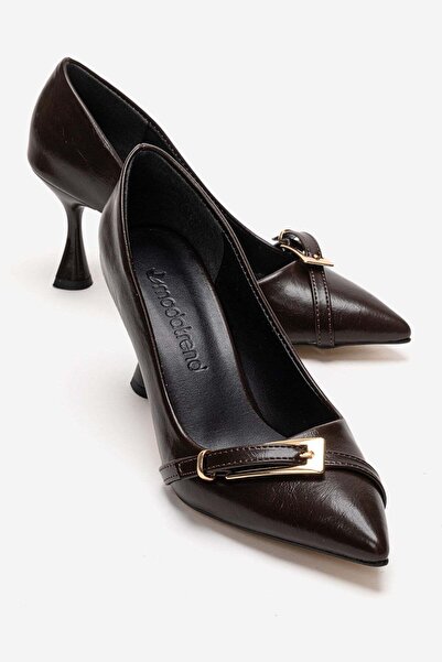 CCWAY AYAKKABI Γυναικεία παπούτσια με τακούνι και αλυσίδα ΚΑΦΕ ΣΚΑΣΜΕΝΟ