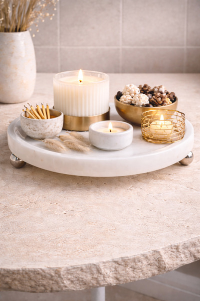 zekmar home stone White Marble Presentation Plate with Metal Legs