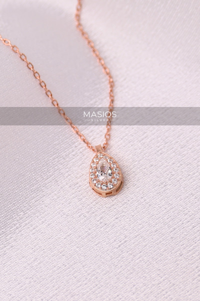 Masios Silver Zirkon Taşlı Rose Renk Damla (Anturaj/Halo) Model 925 Ayar Gümü...