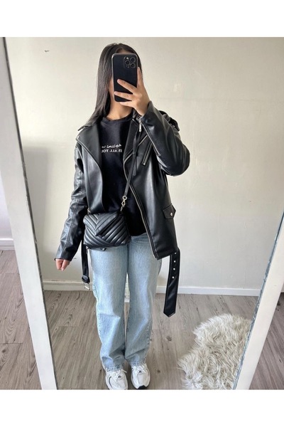 Ekim Store Δερμάτινο μπουφάν oversize με μαύρη ζώνη