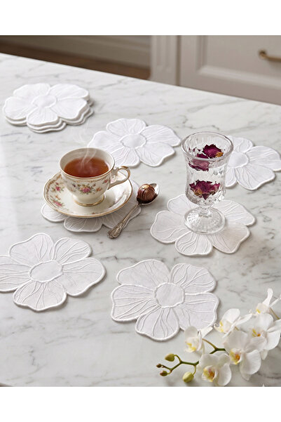 Lotus Dükkan Zarif Nakışlı Kumaş Bardak Altlığı - Minimalist Sunum Peçetesi -...