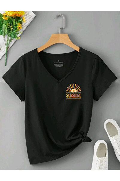 SUNFREE Γυναικείο μπλουζάκι SUNSHINE με στάμπα, λαιμόκοψη V και κοντό μανίκι