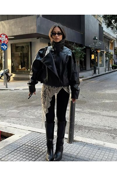 Ekim Store Δερμάτινο μπουφάν με ψηλό γιακά και μαύρο σχέδιο