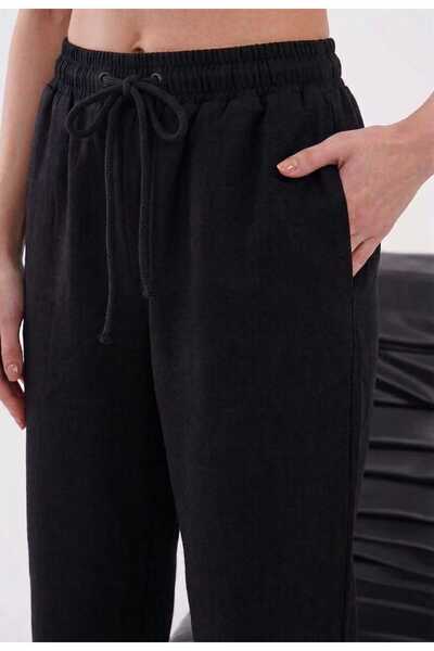 Niora Moda بنطلون كتان أسود بقصة فضفاضة