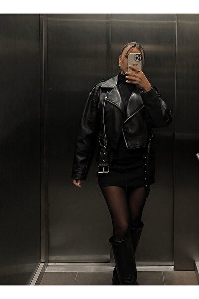 Ekim Store Δερμάτινο μπουφάν με οπές, oversized, σε κοντό μήκος