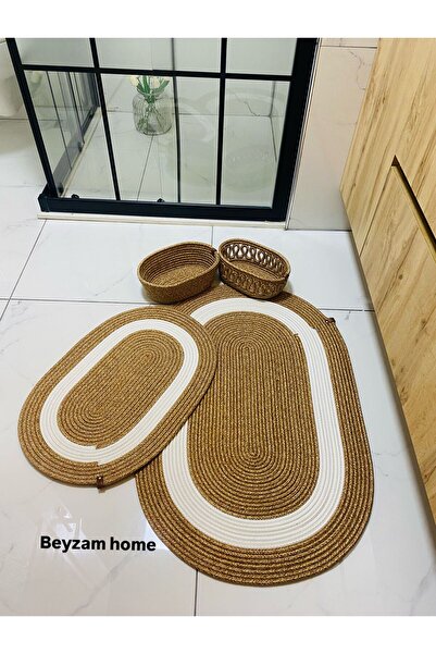 SHLM TEKSTİL Jüt Banyo Paspas Seti, Klozet Paspası, 4lü Banyo Seti Doğal, 2 P...