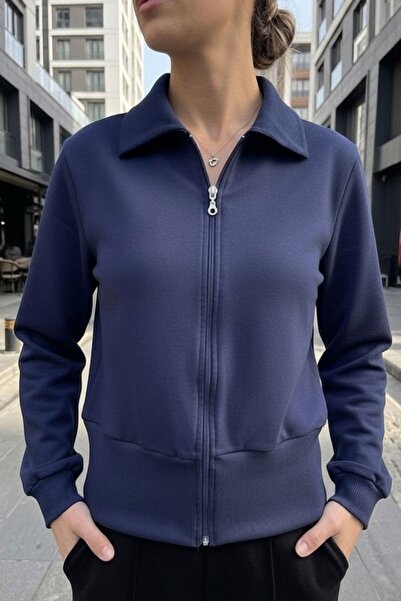 evavi Kadın Lacivert Fermuarlı Yakalı Sweatshirt