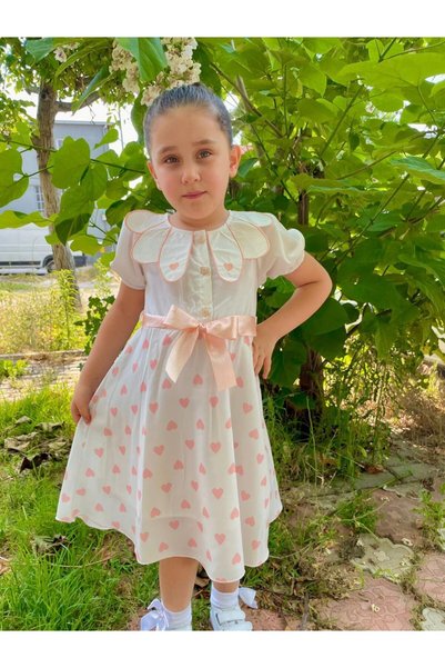 Portakal Bebek Girl's White Heart Patterned Dress with Bow, Stylish Summer Design
