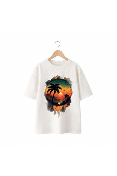 playwear تي شيرت Palmiye Sunset Gögüs مطبوع بنسبة 100% من القطن، مقاس كبير، ف...